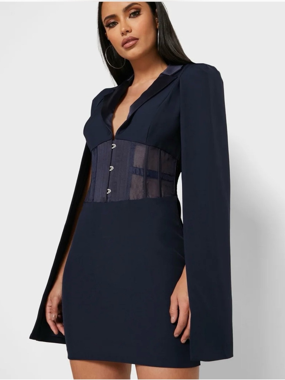 Lavish Alice Navy Corset-Panel Mini Dress with Cape Sleeves